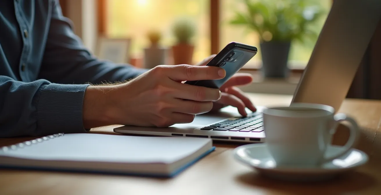 Mains tenant plusieurs appareils électroniques sur un bureau en bois