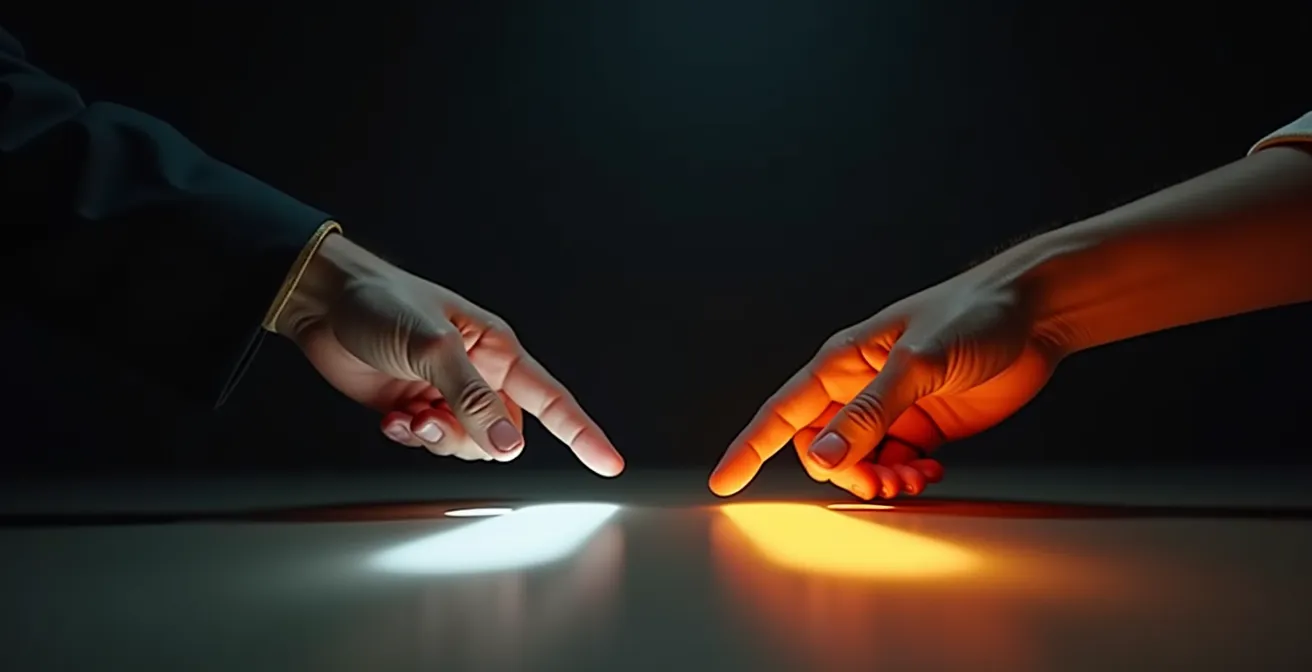 Gros plan sur des mains faisant un choix entre deux chemins lumineux