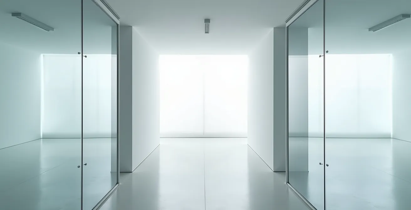 Vue minimaliste d'espaces architecturaux compartimentés illuminés