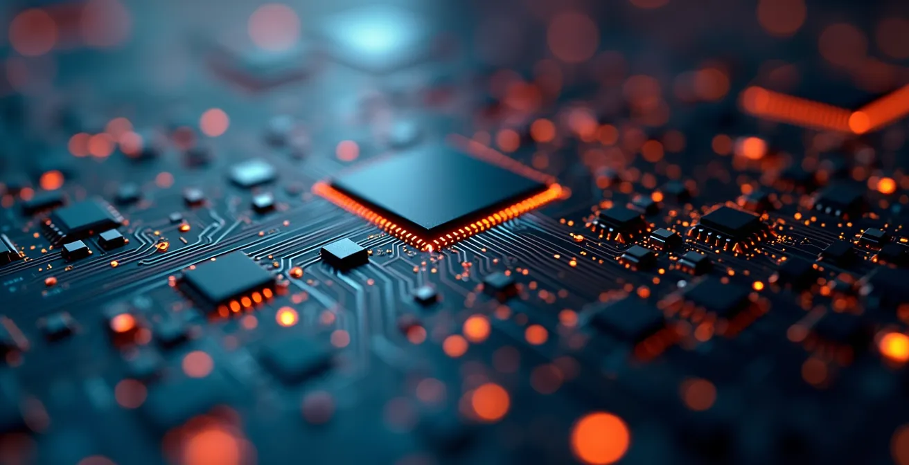 Détail macro d'une carte de circuit imprimé montrant des traces lumineuses