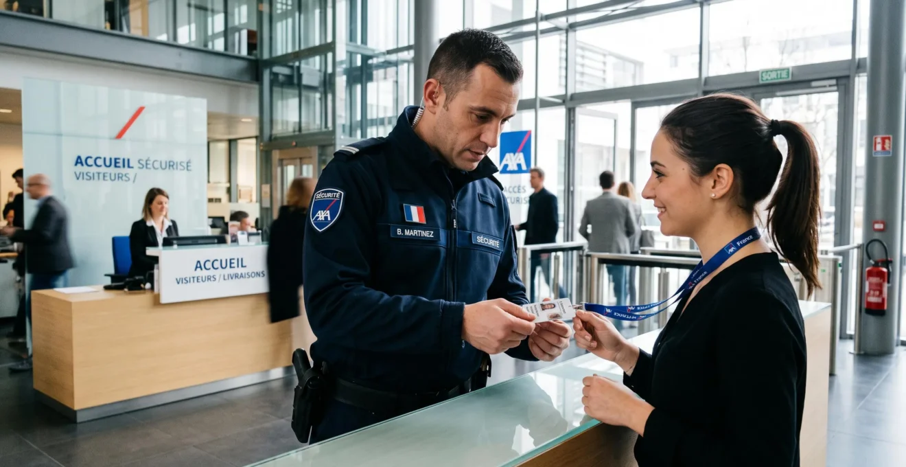 L'agent de sécurité vérifie l'identité d'un visiteur à l'entrée d'un bureau.