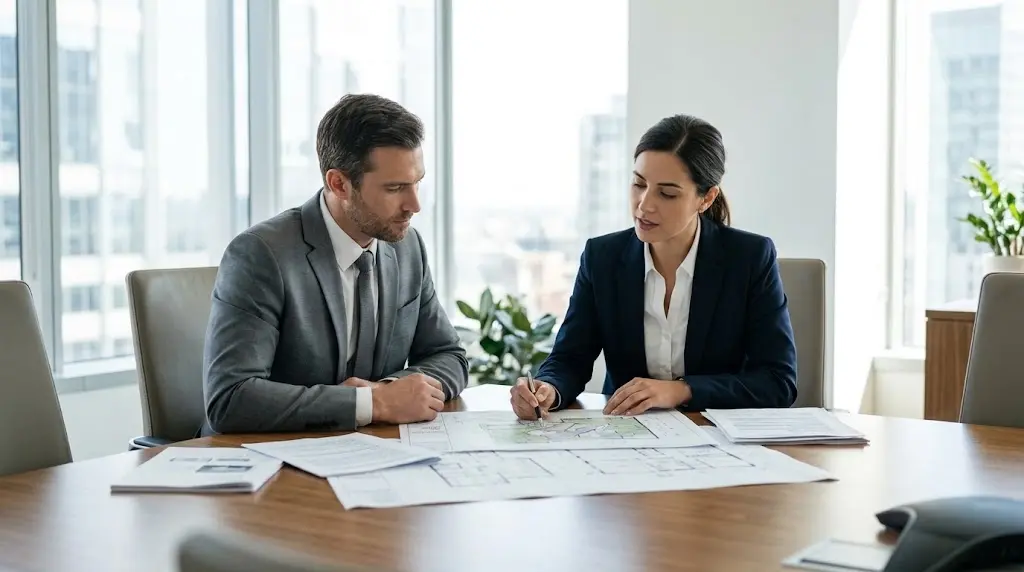 Consultation professionnelle entre un client et un prestataire de sécurité pour choisir ses services.