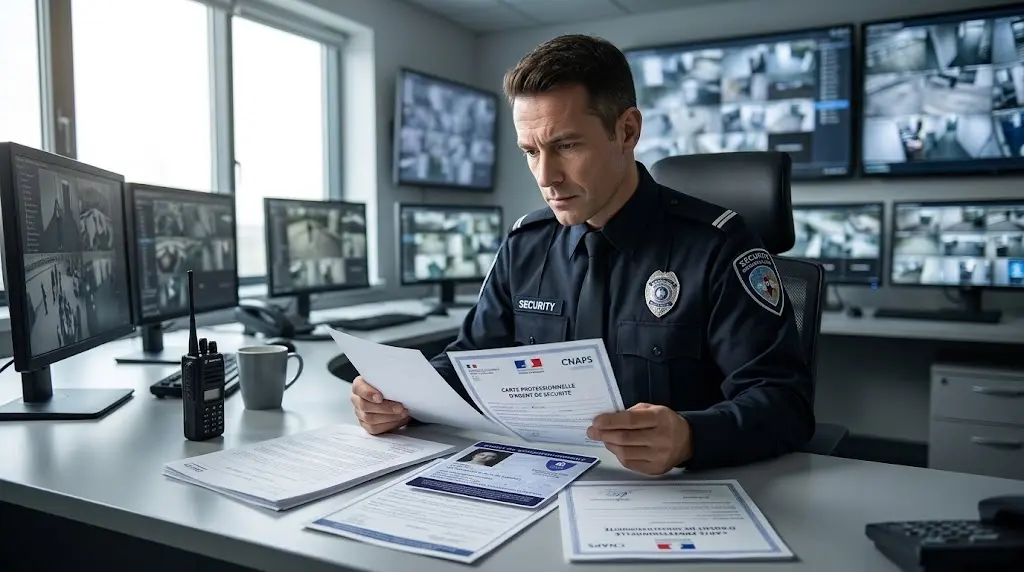 Un agent de prévention examine ses documents de certification et son agrément professionnel.
